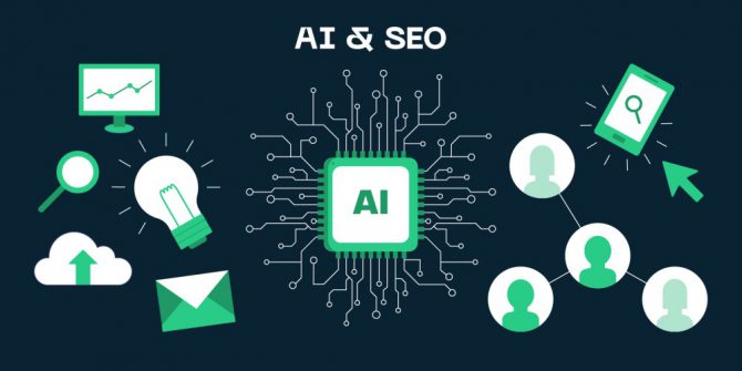 AI SEO concept showing RankBrain influencing Google search rankings with data visualization